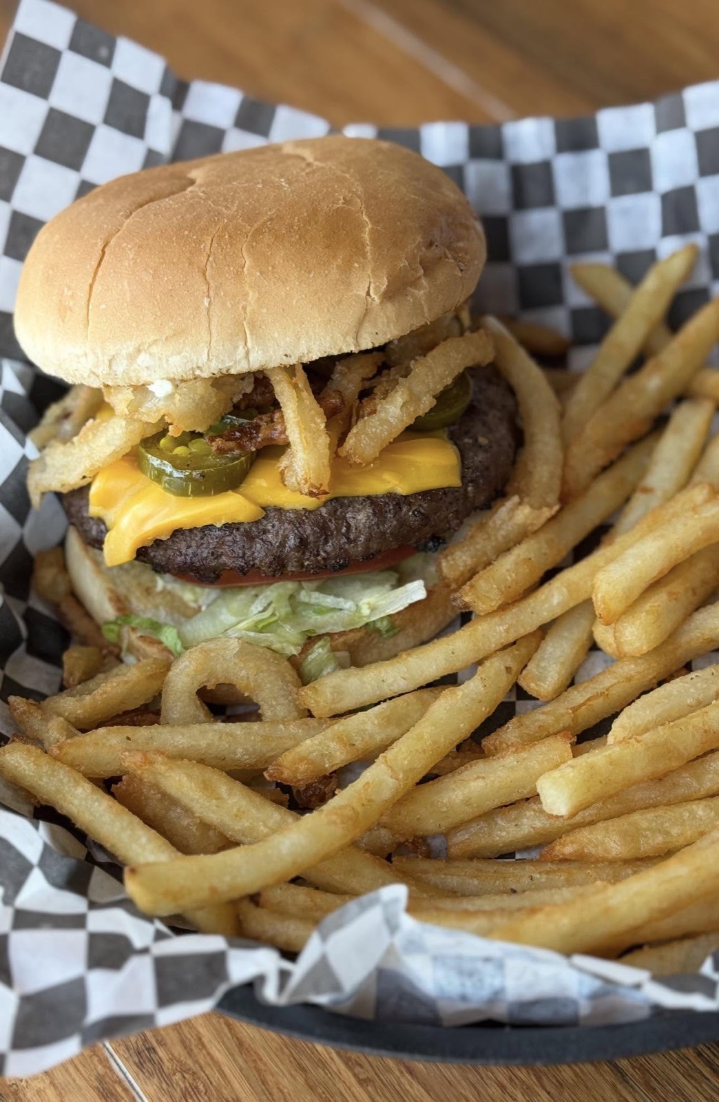 A burger and fries off the grill