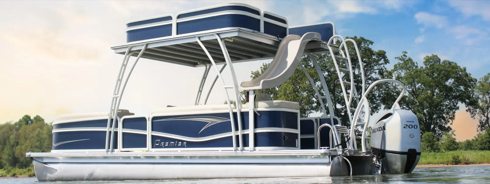 Premier Sunsation 240 luxury pontoon tied up at the dock